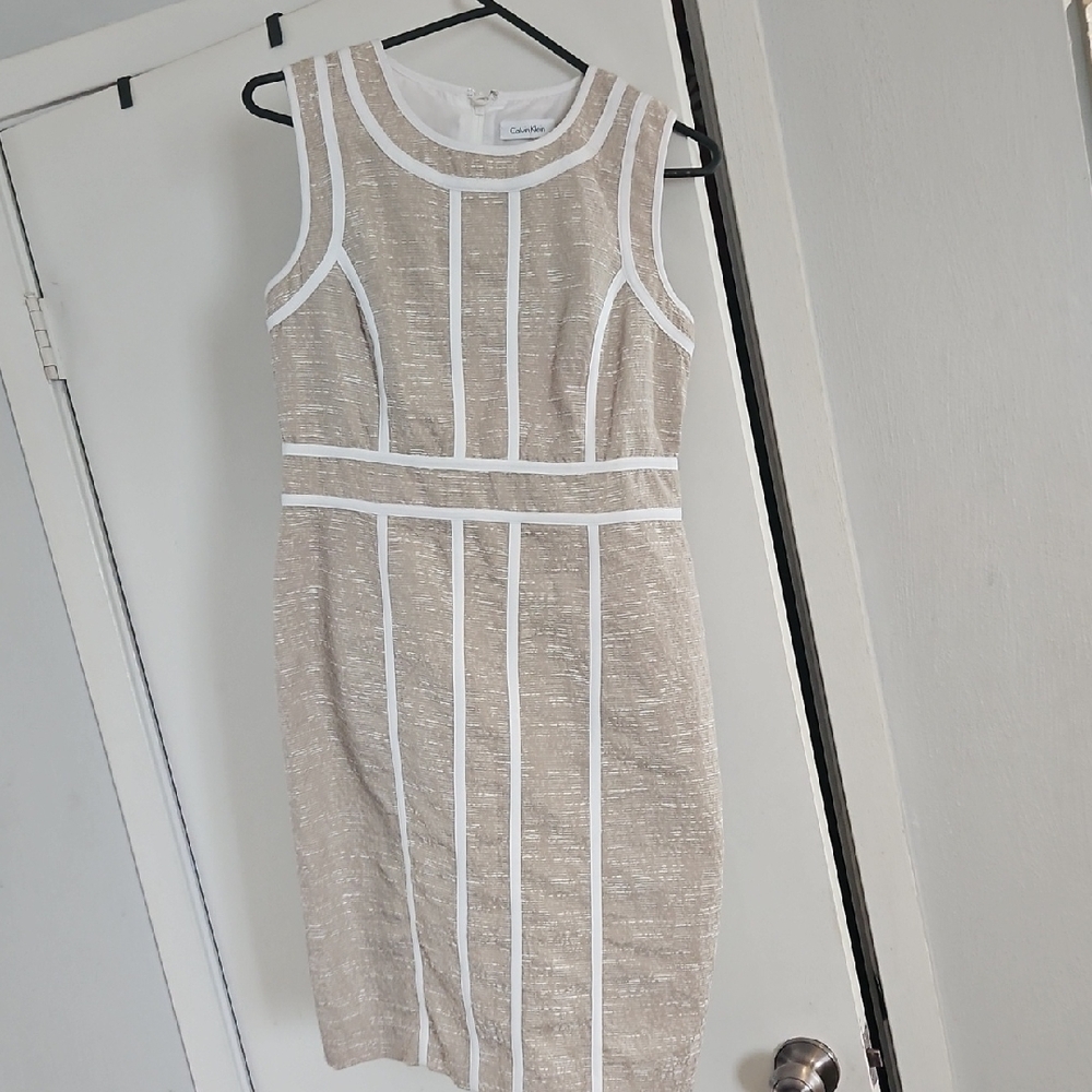 Calvin Klein Tan and White Sheath Midi Dress